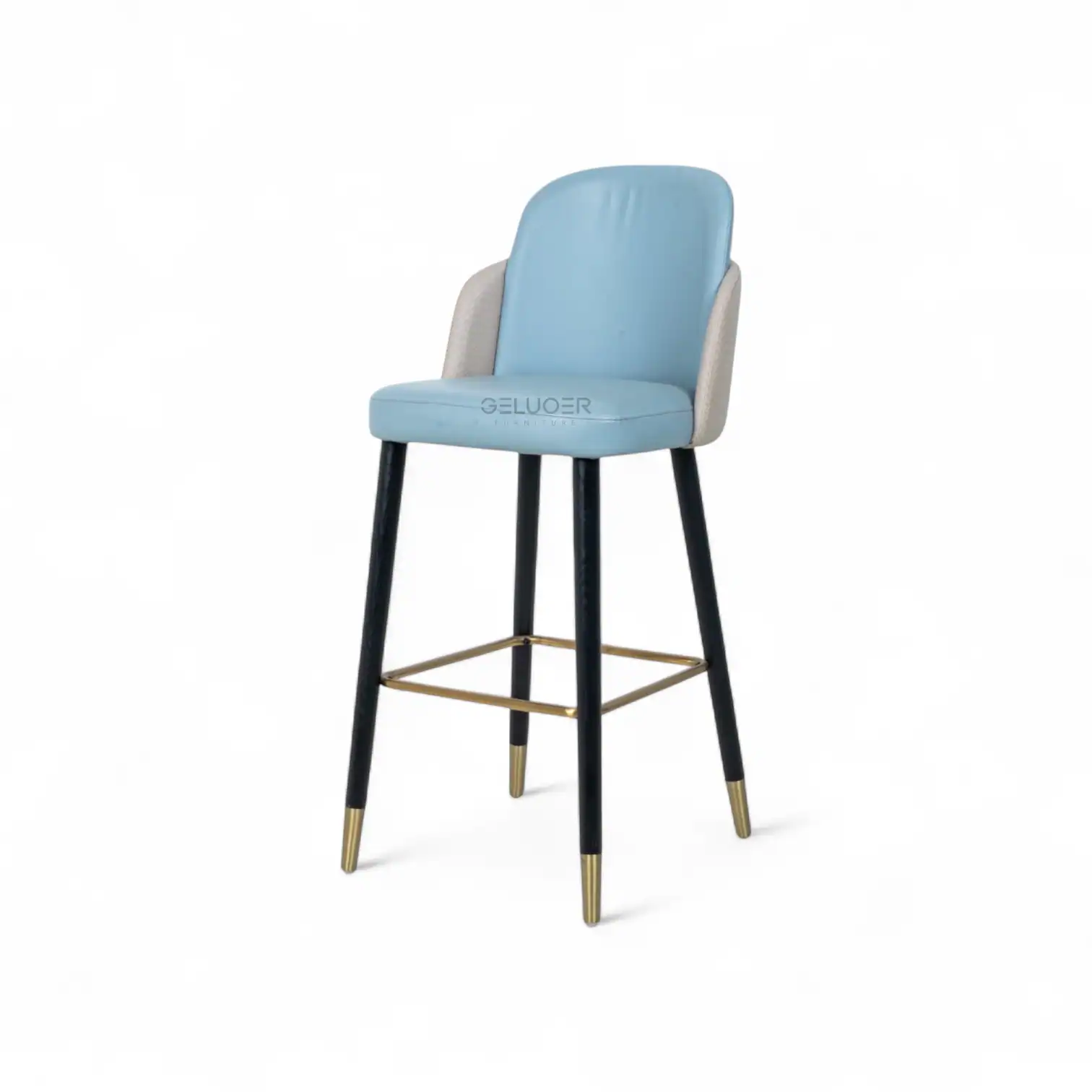 Comfortable blue and beige upholstered bar stool with gold accents and wooden legs for modern home decor.