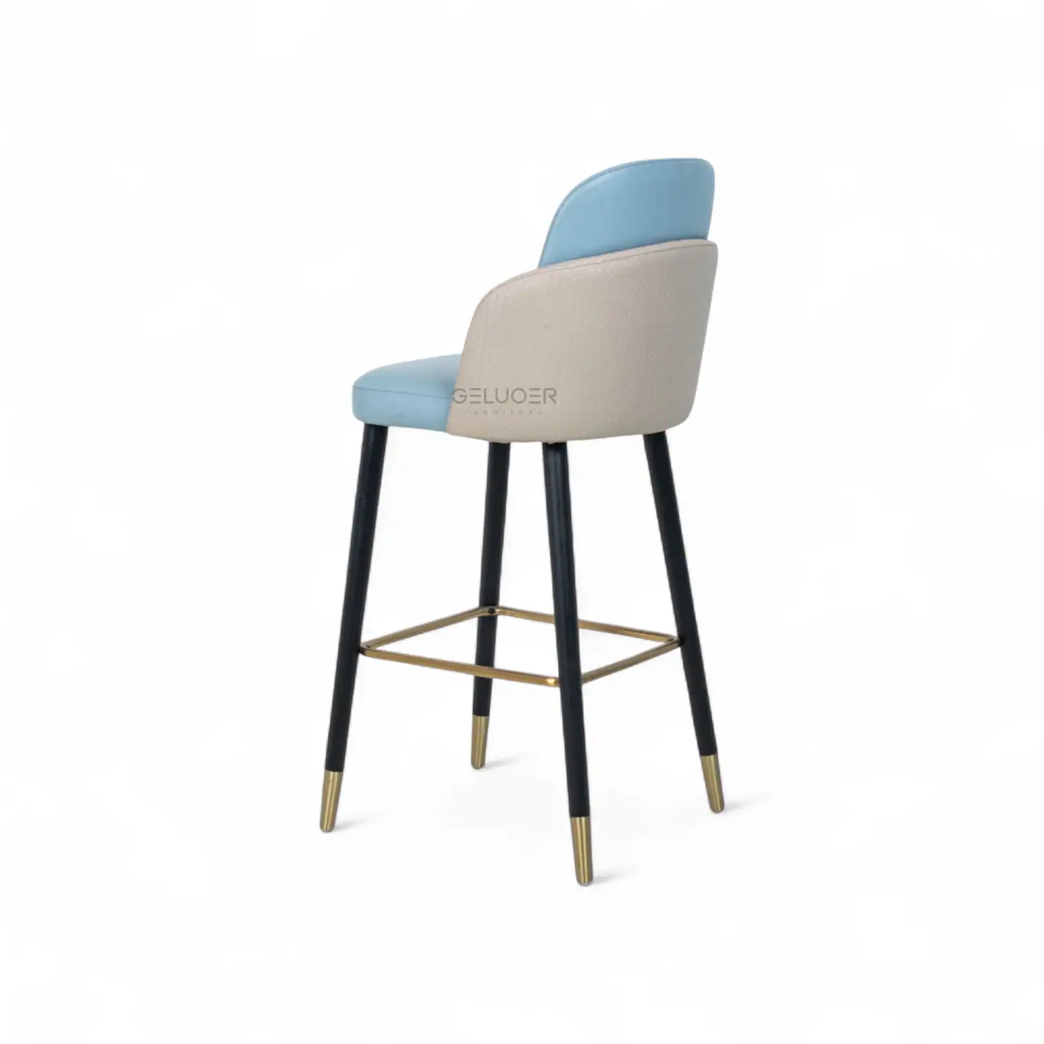 Gray and blue modern upholstered bar stool with gold accents and black legs.