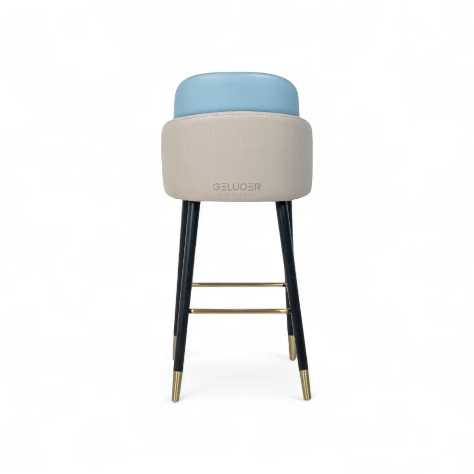 Modern upholstered bar stool with black wooden legs and gold accents.