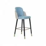 Sleek modern bar stool with blue and beige upholstery, black wooden legs, and gold accents.