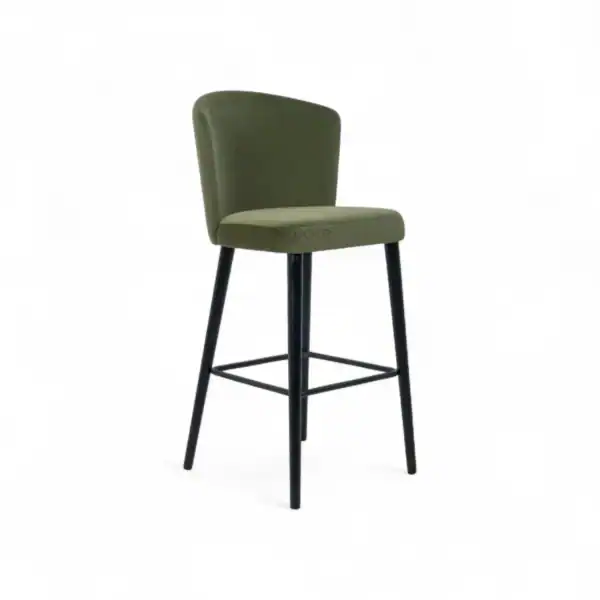 Modern green upholstered bar stool with black metal legs, ideal for stylish kitchen or bar areas.