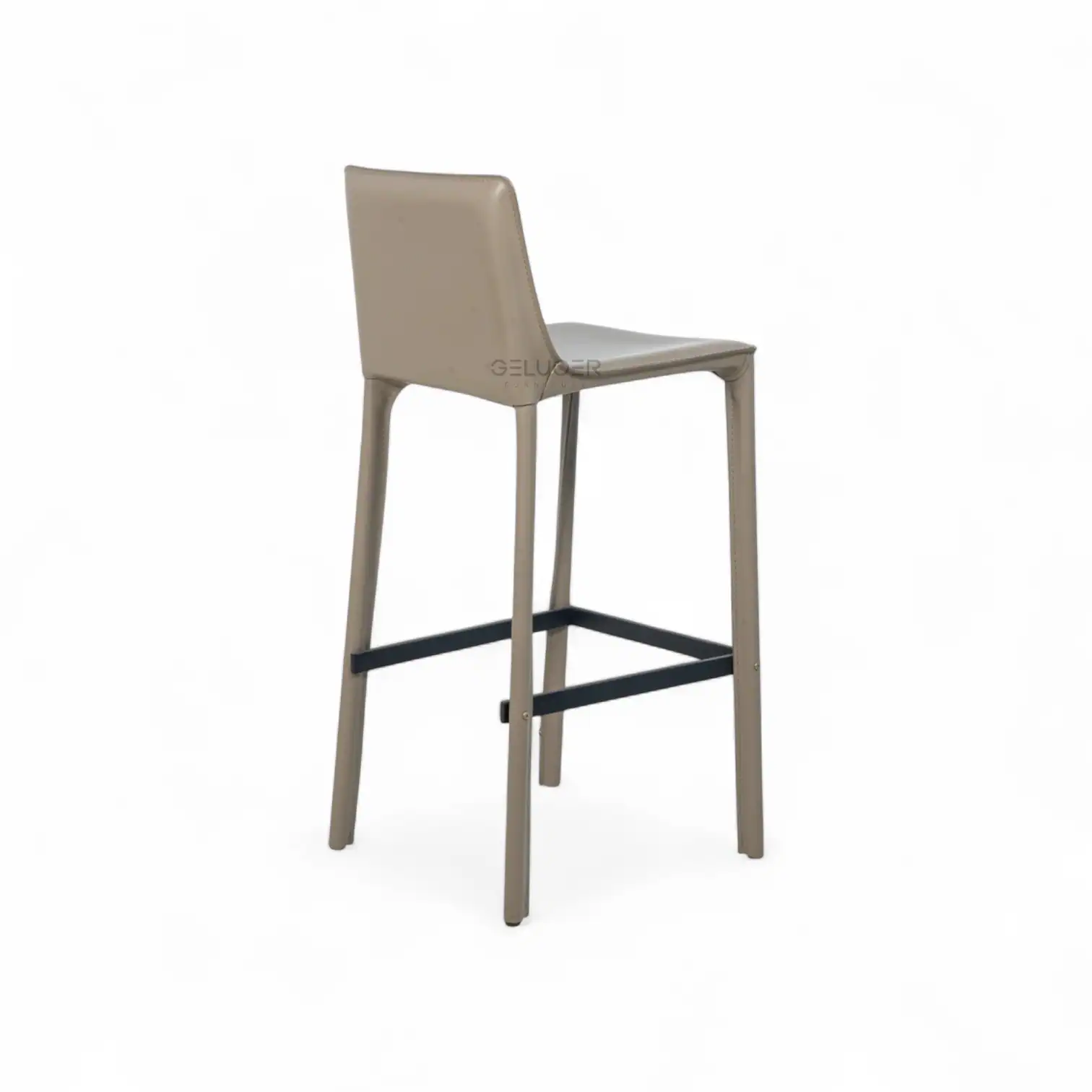 Modern beige upholstered bar stool with black footrest for stylish kitchen or bar seating.