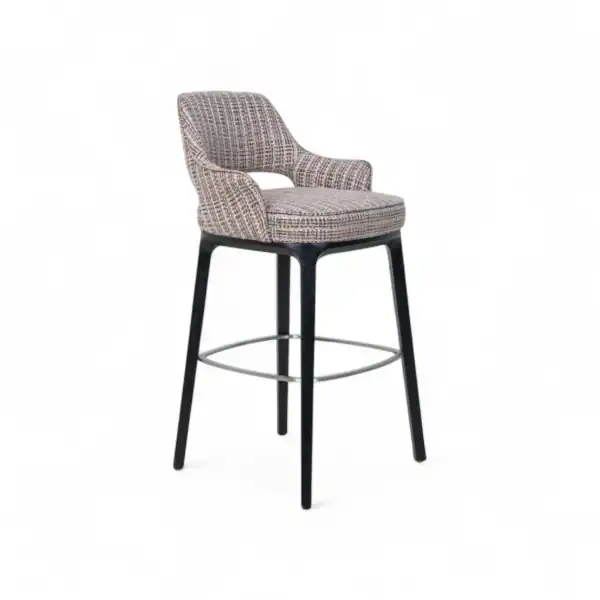 Elegant upholstered bar stool with plaid fabric and black wooden legs for stylish furniture design.