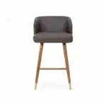 Comfortable grey leather bar stool with wooden legs, perfect for modern kitchen and dining spaces.