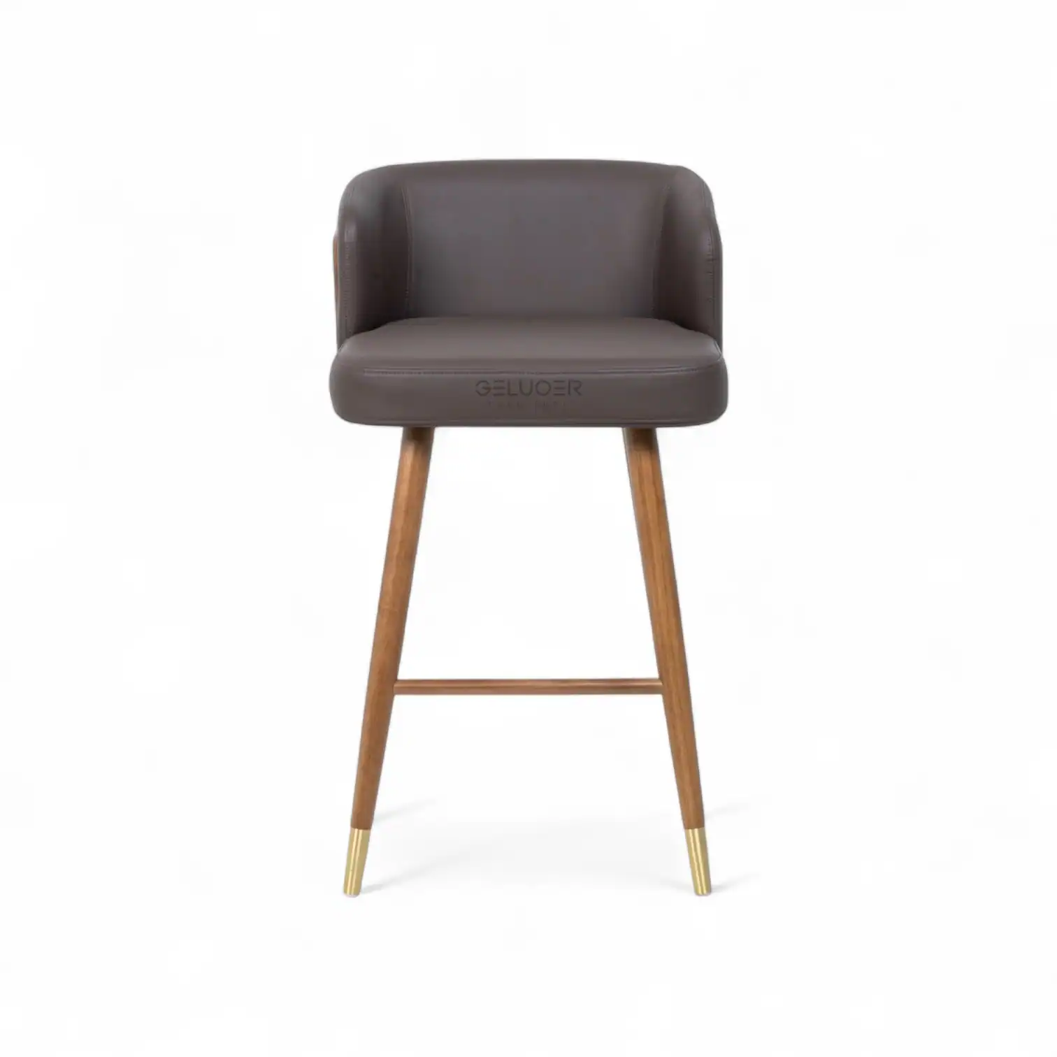 Comfortable grey leather bar stool with wooden legs, perfect for modern kitchen and dining spaces.