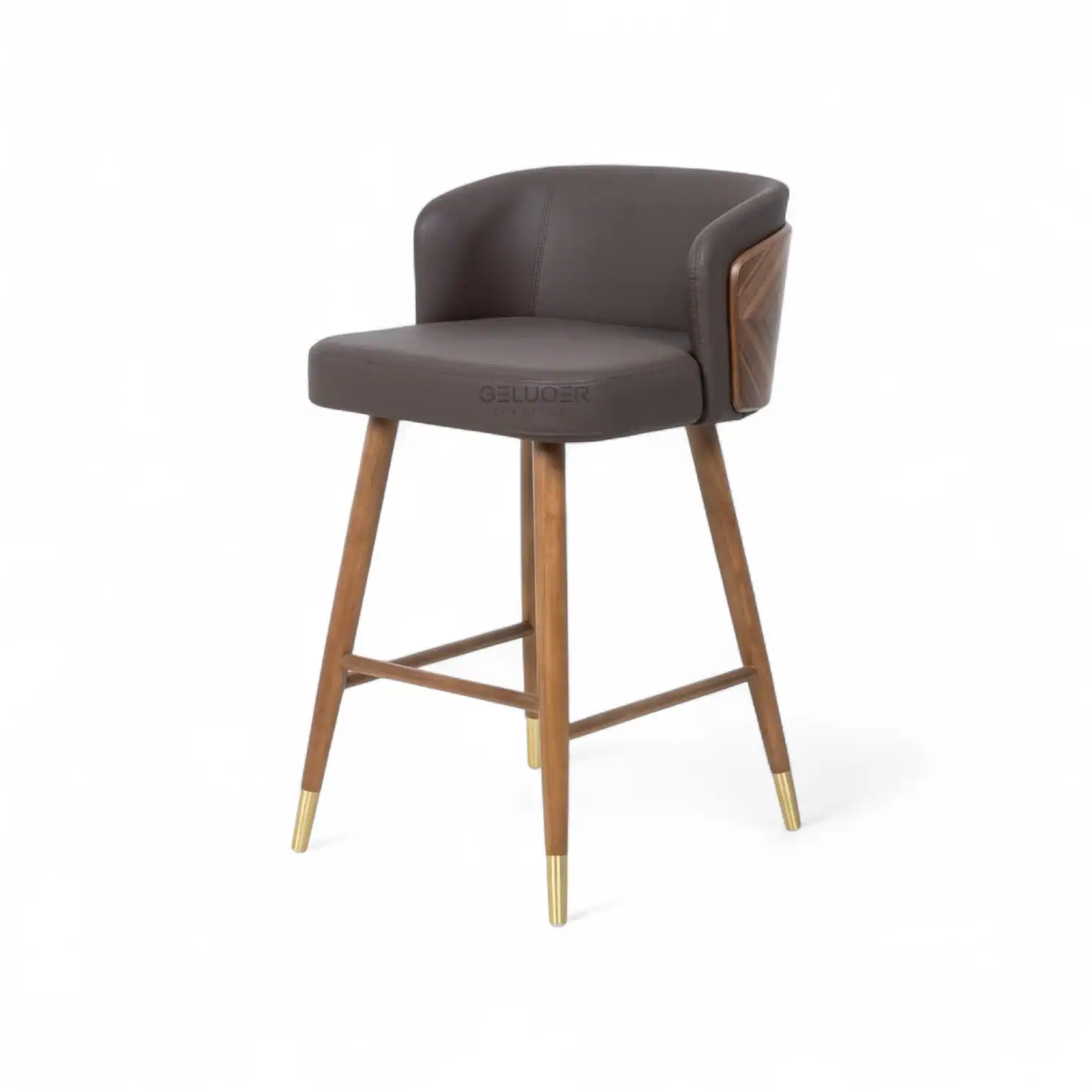 Contemporary brown leather-upholstered bar stool with wooden legs and gold accents.