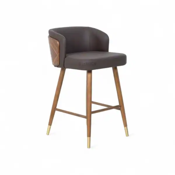 Luxurious modern bar stool with leather upholstery and wooden legs, perfect for contemporary home decor.