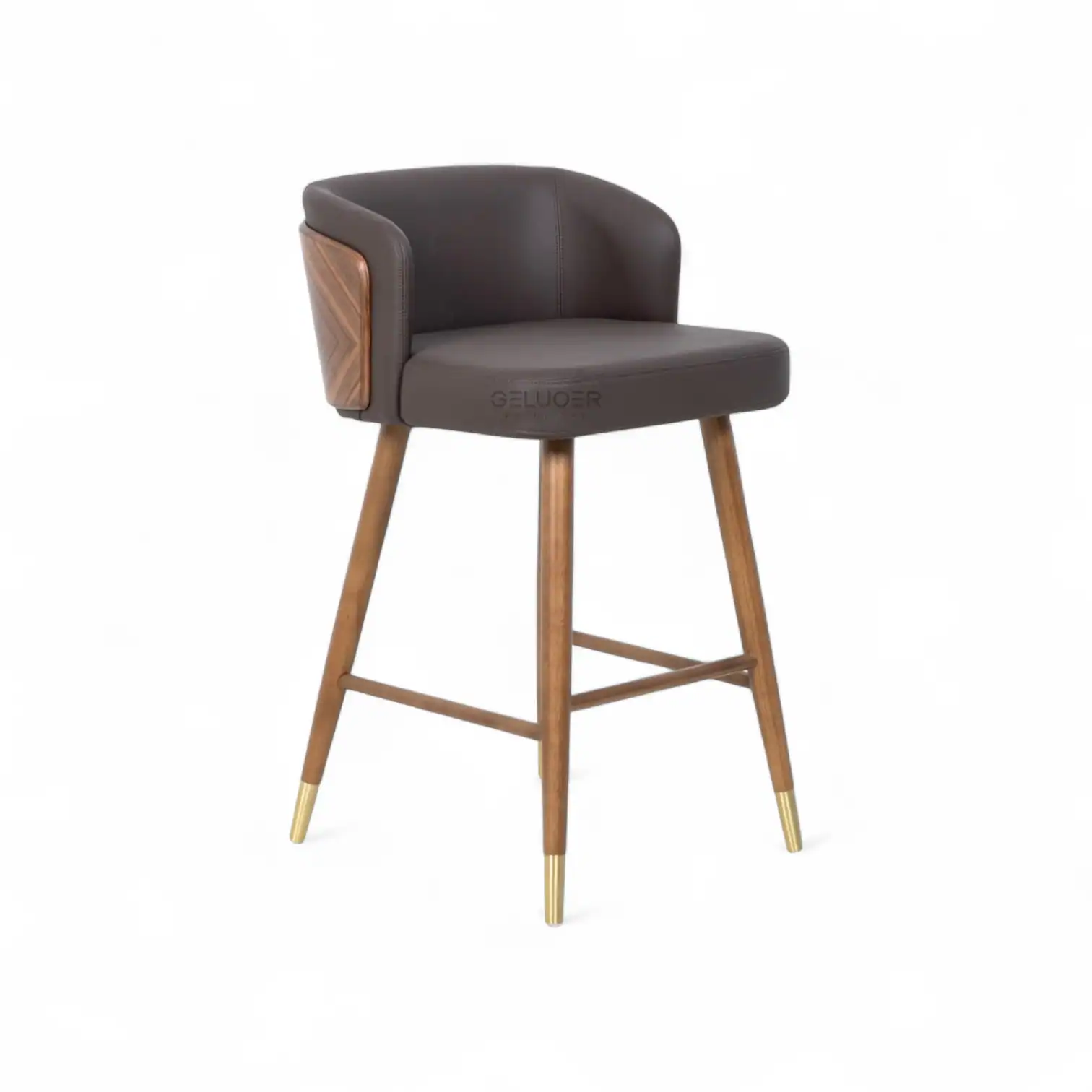 Luxurious modern bar stool with leather upholstery and wooden legs, perfect for contemporary home decor.