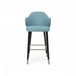 Contemporary blue upholstered bar stool with black and gold legs, ideal for modern kitchen or bar area.
