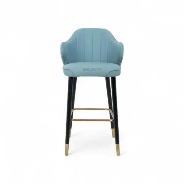 Contemporary blue upholstered bar stool with black and gold legs, ideal for modern kitchen or bar area.