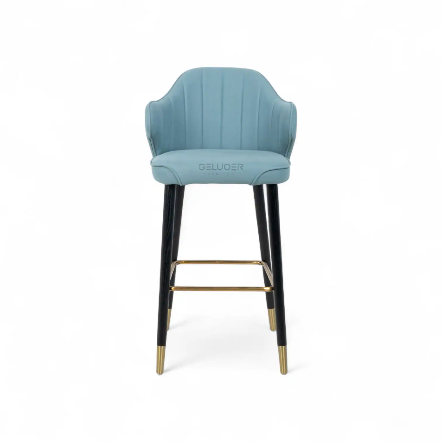 Contemporary blue upholstered bar stool with black and gold legs, ideal for modern kitchen or bar area.