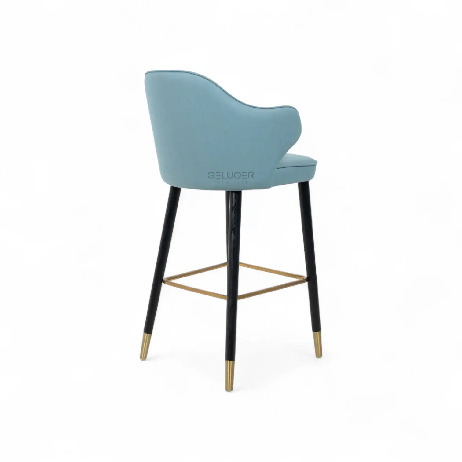 Blue upholstered bar stool with gold accents and black wooden legs.