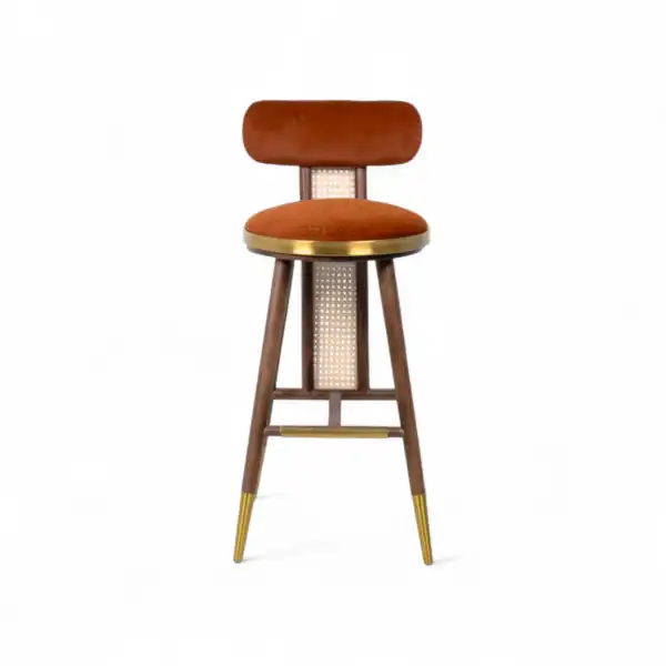 Stylish wooden bar stool with upholstered seat and backrest, gold accents, modern design from Geluoer Furniture.