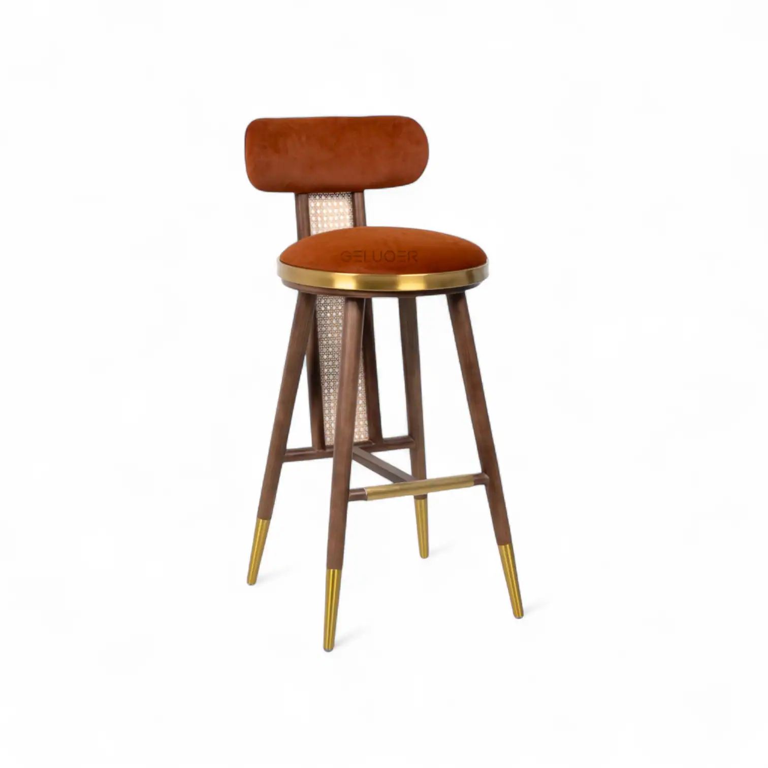 Stylish modern bar stool with wooden legs, plush cushioned seat, and gold accents.