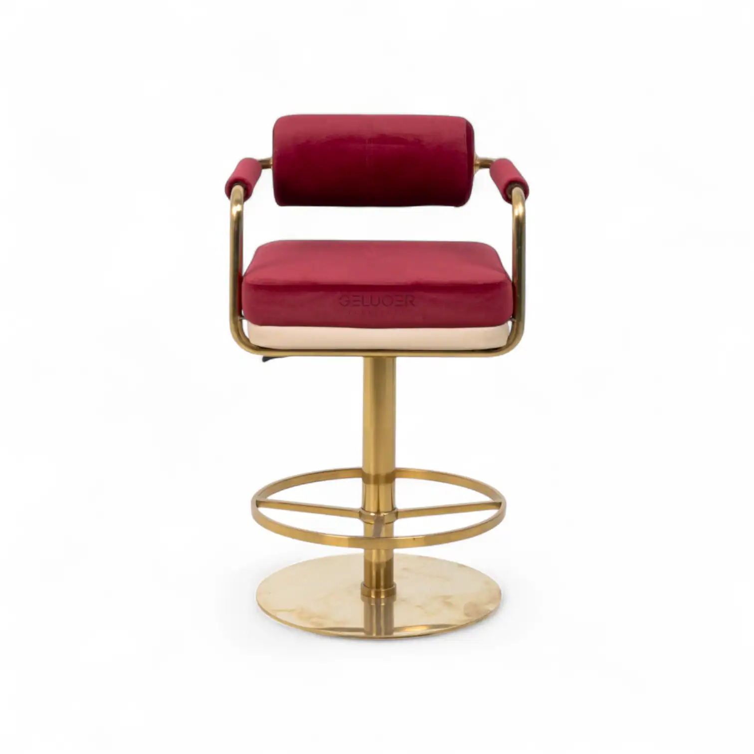 Luxurious pink velvet bar stool with gold metal frame, perfect for modern home or commercial decor.