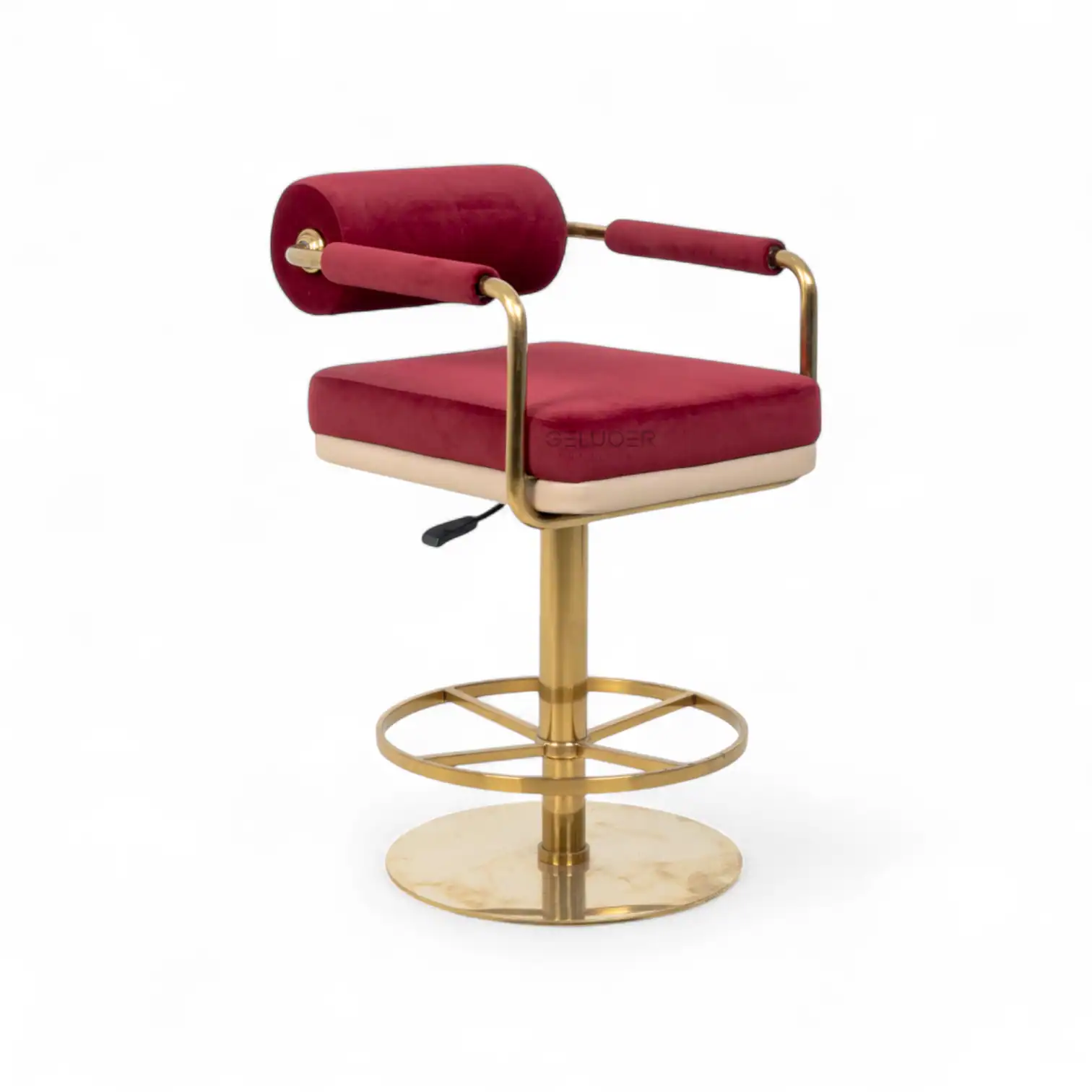 Elegant red velvet modern office chair with gold metal frame and adjustable height.