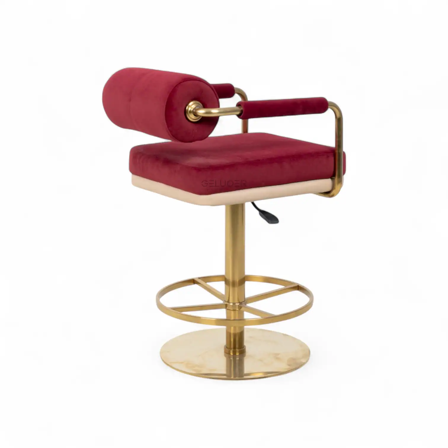 Luxurious red velvet office chair with gold accents and adjustable height for modern workspace comfort.