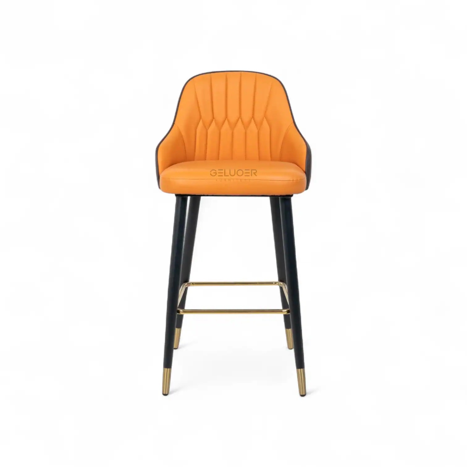 Luxurious orange upholstered bar stool with black and gold metal accents, perfect for modern home or commercial decor.