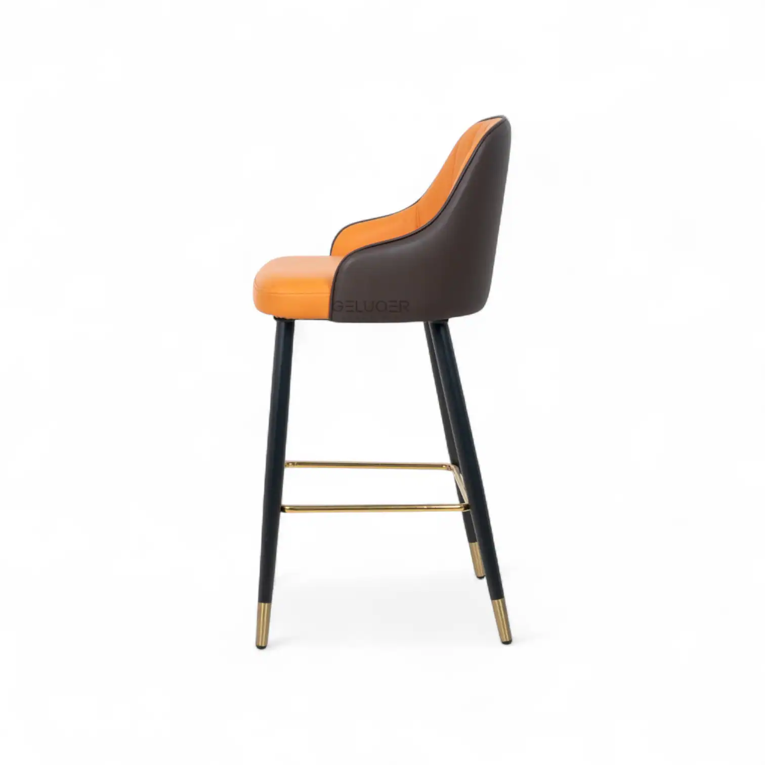 Elegant modern bar stool with orange and black leather upholstery, metal legs, and gold accents for stylish home or restaurant decor.