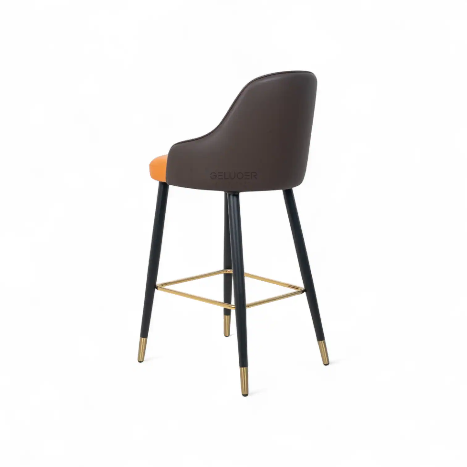 Contemporary bar stool with brown and orange cushioned seat, black wood legs, gold accents, modern furniture.