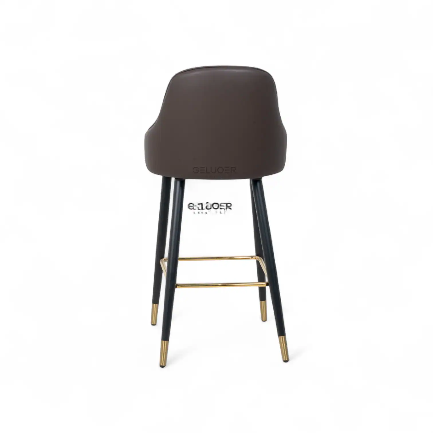 Contemporary bar stool with black frame and brown cushioned seat, modern design furniture for kitchen or bar area.