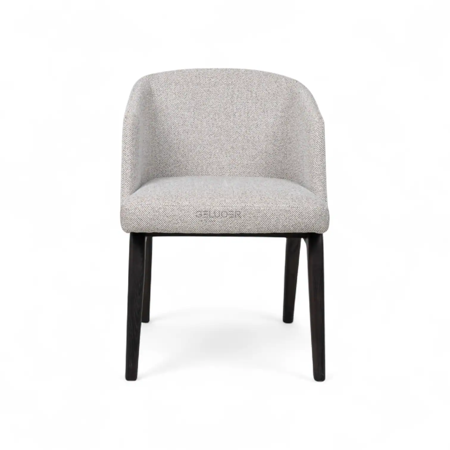 Modern upholstered dining chair with dark wooden legs for contemporary interior decor.