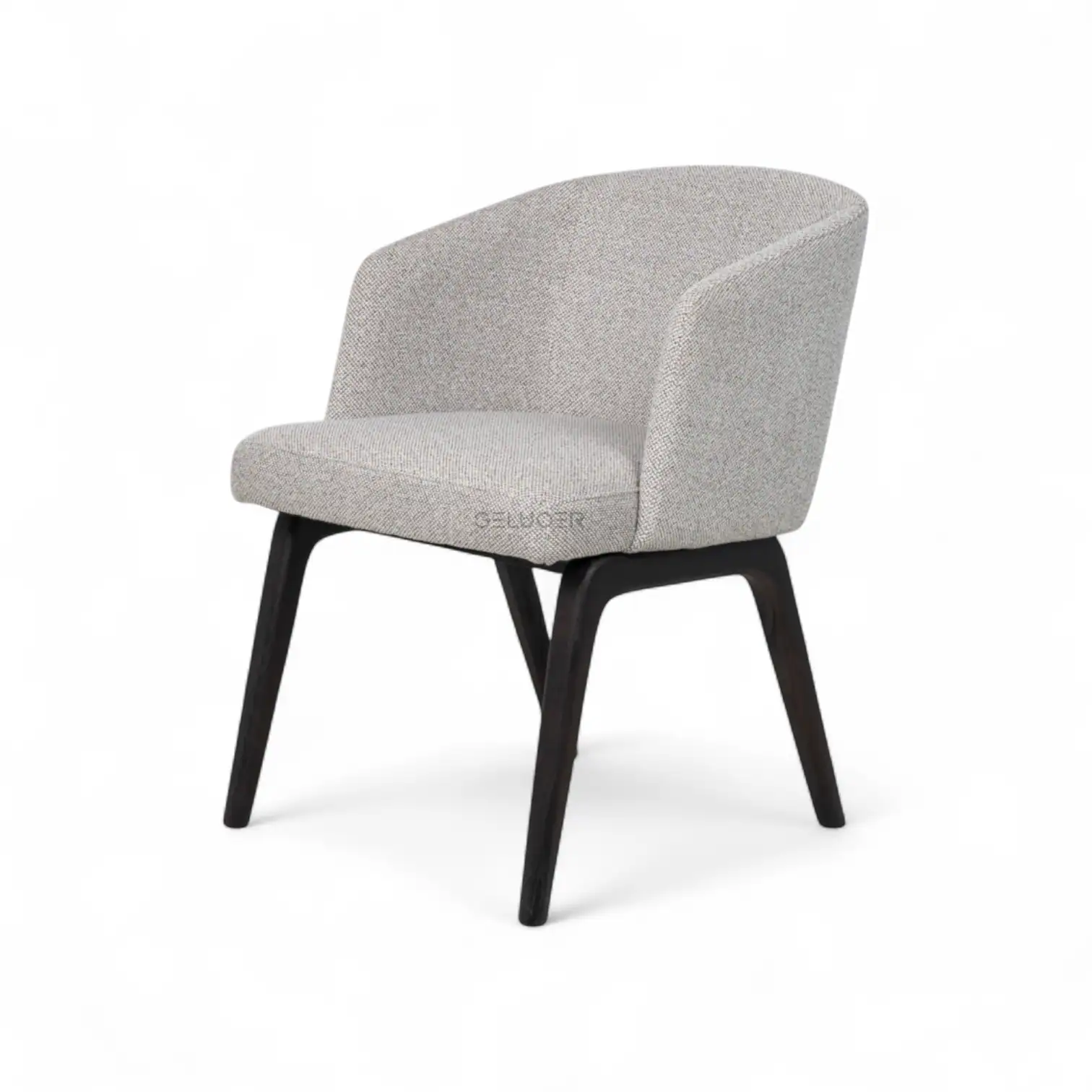 Contemporary upholstered armchair with dark wooden legs, modern furniture design.