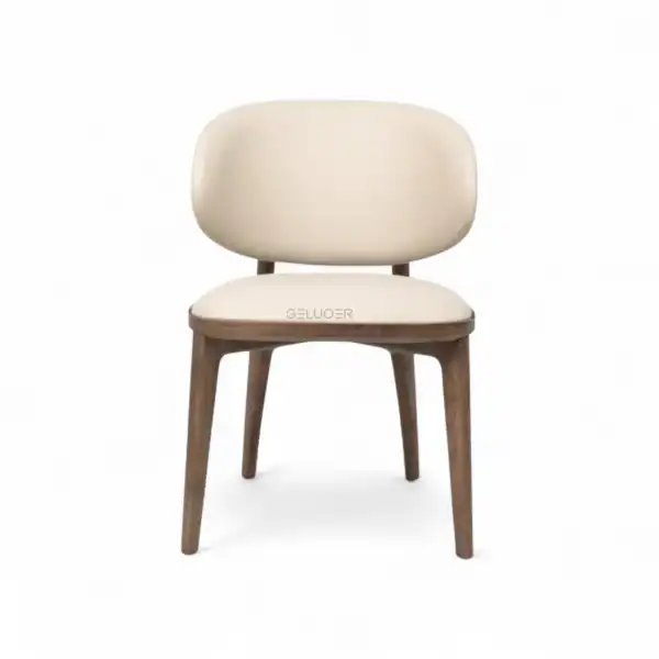 Modern wooden dining chair with cream upholstery and sleek design.