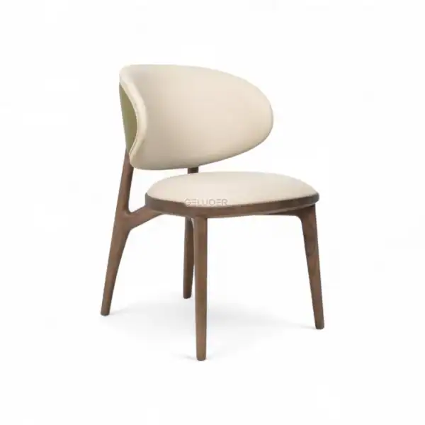 Elegant wooden frame dining chair with cream upholstered seat and backrest.