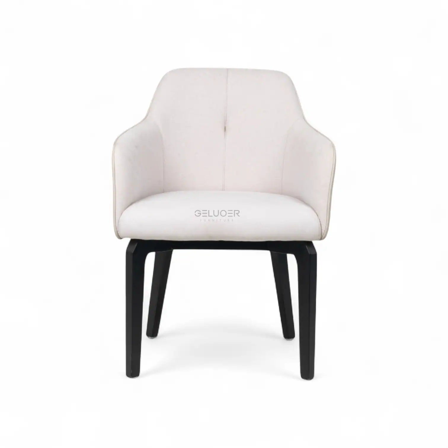 Contemporary white upholstered armchair with black wooden legs, elegant modern furniture design.