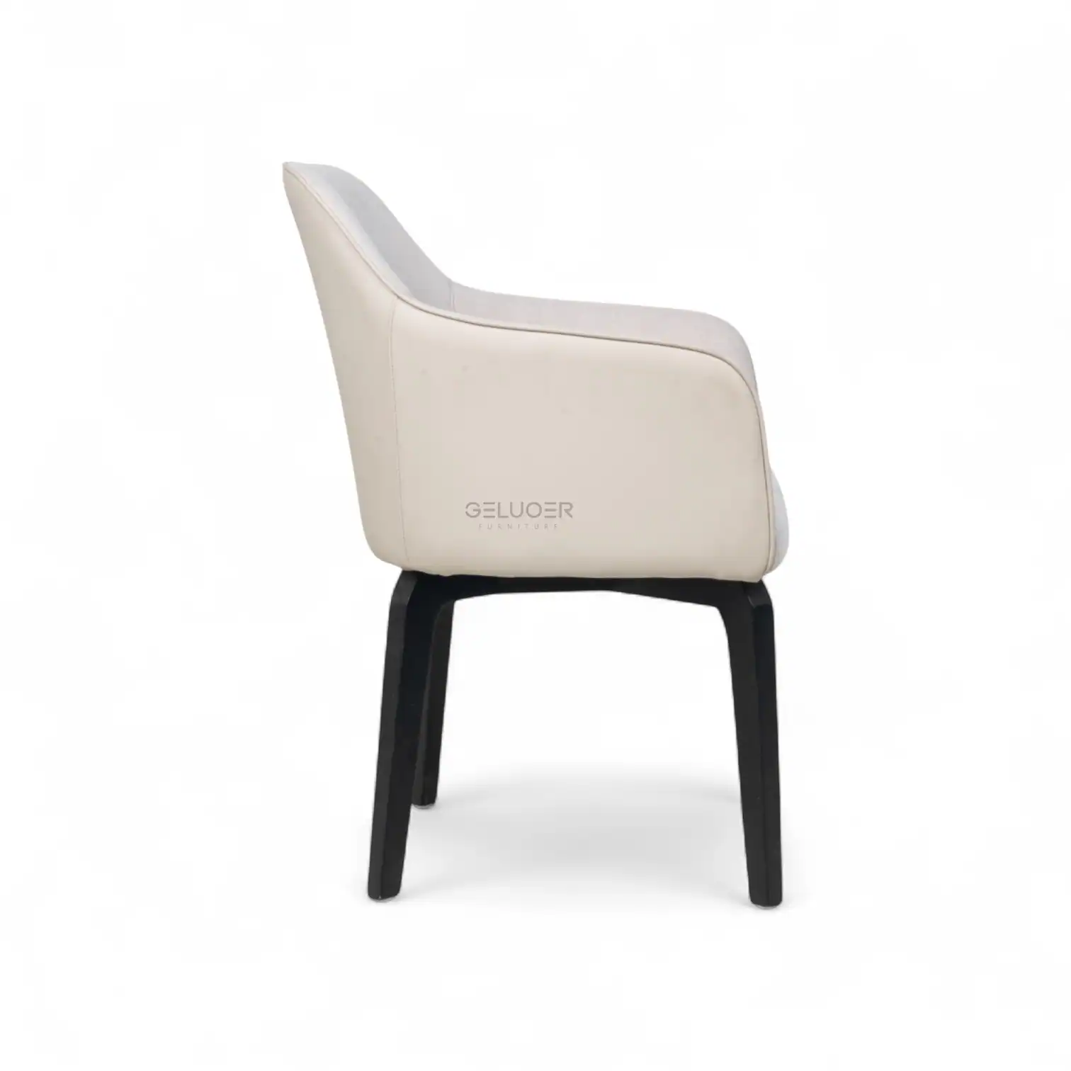 Sleek modern white leather armchair with black wooden legs for stylish living room decor.