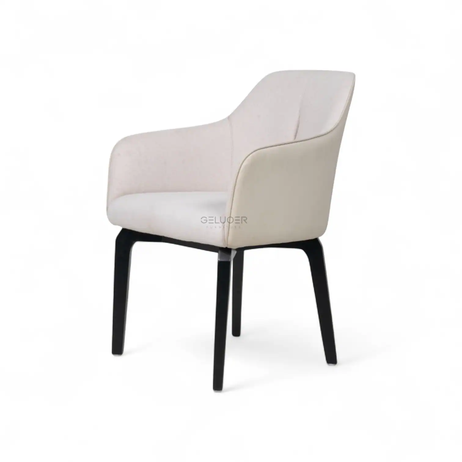 Luxurious modern accent chair with comfortable beige upholstery and sleek black wooden legs for contemporary living spaces.