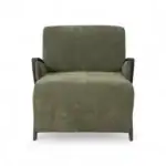 Comfortable green fabric armchair with black wooden accents for modern living rooms.
