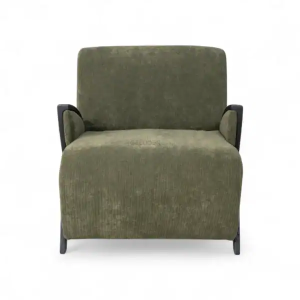 Comfortable green fabric armchair with black wooden accents for modern living rooms.