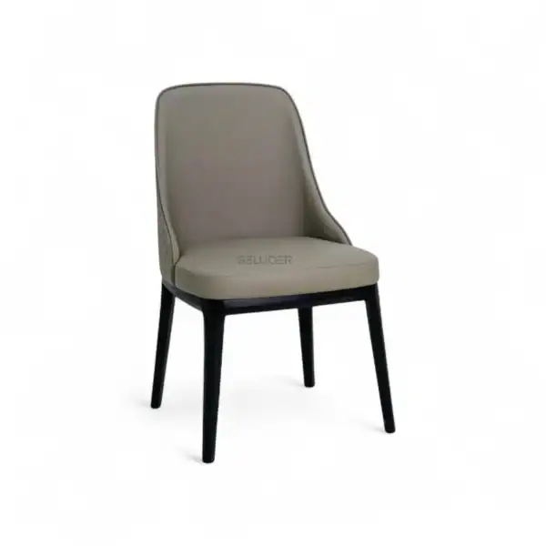 Contemporary beige upholstered dining chair with black wooden legs by Geluoer Furniture.