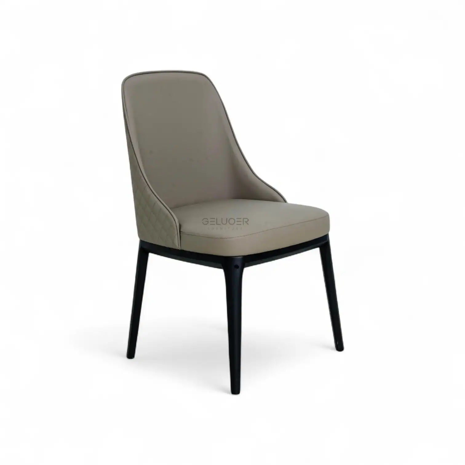 Luxurious beige upholstered dining chair with black wooden legs, perfect for modern interior decor.