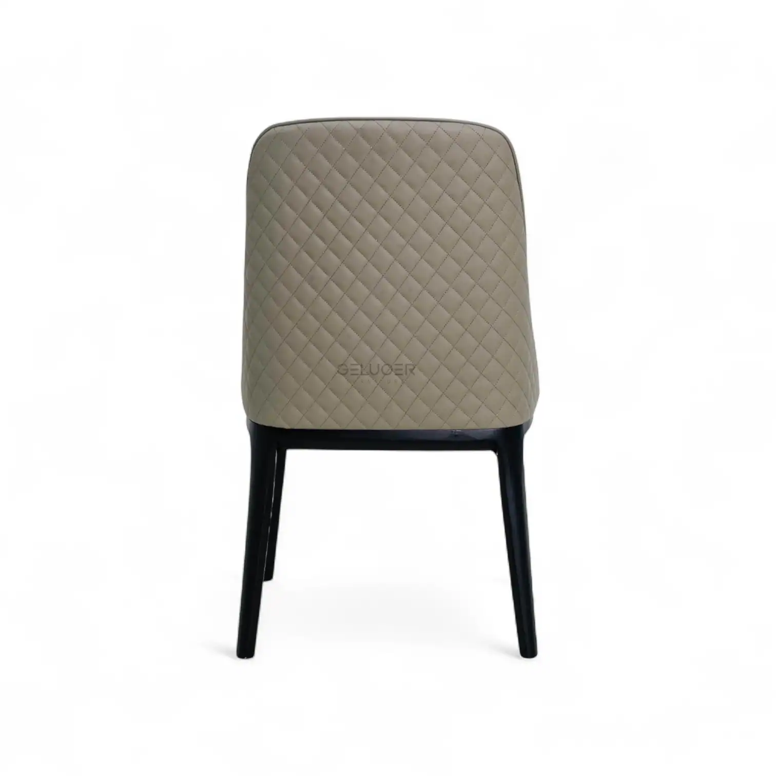 Stylish beige quilted dining chair with black wooden legs from Geluoer Furniture.