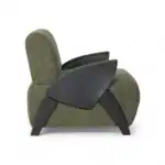 Elegant green upholstered armchair with modern black wooden side panels, stylish and comfortable for contemporary living spaces.