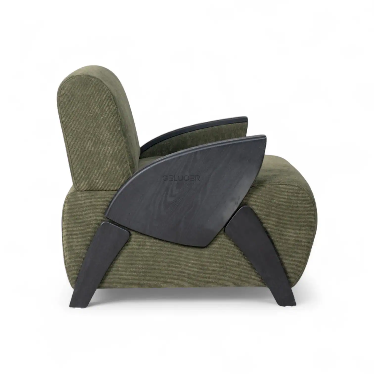 Elegant green upholstered armchair with modern black wooden side panels, stylish and comfortable for contemporary living spaces.