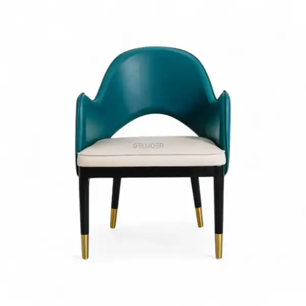 Elegant modern armchair with teal leather upholstery and gold-tipped legs by Geluoer Furniture.