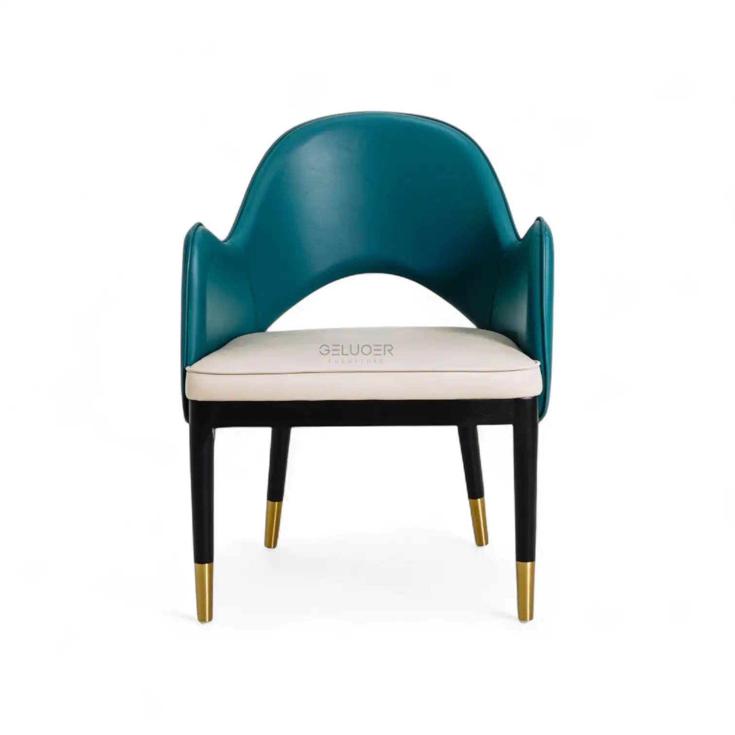 Elegant modern armchair with teal leather upholstery and gold-tipped legs by Geluoer Furniture.
