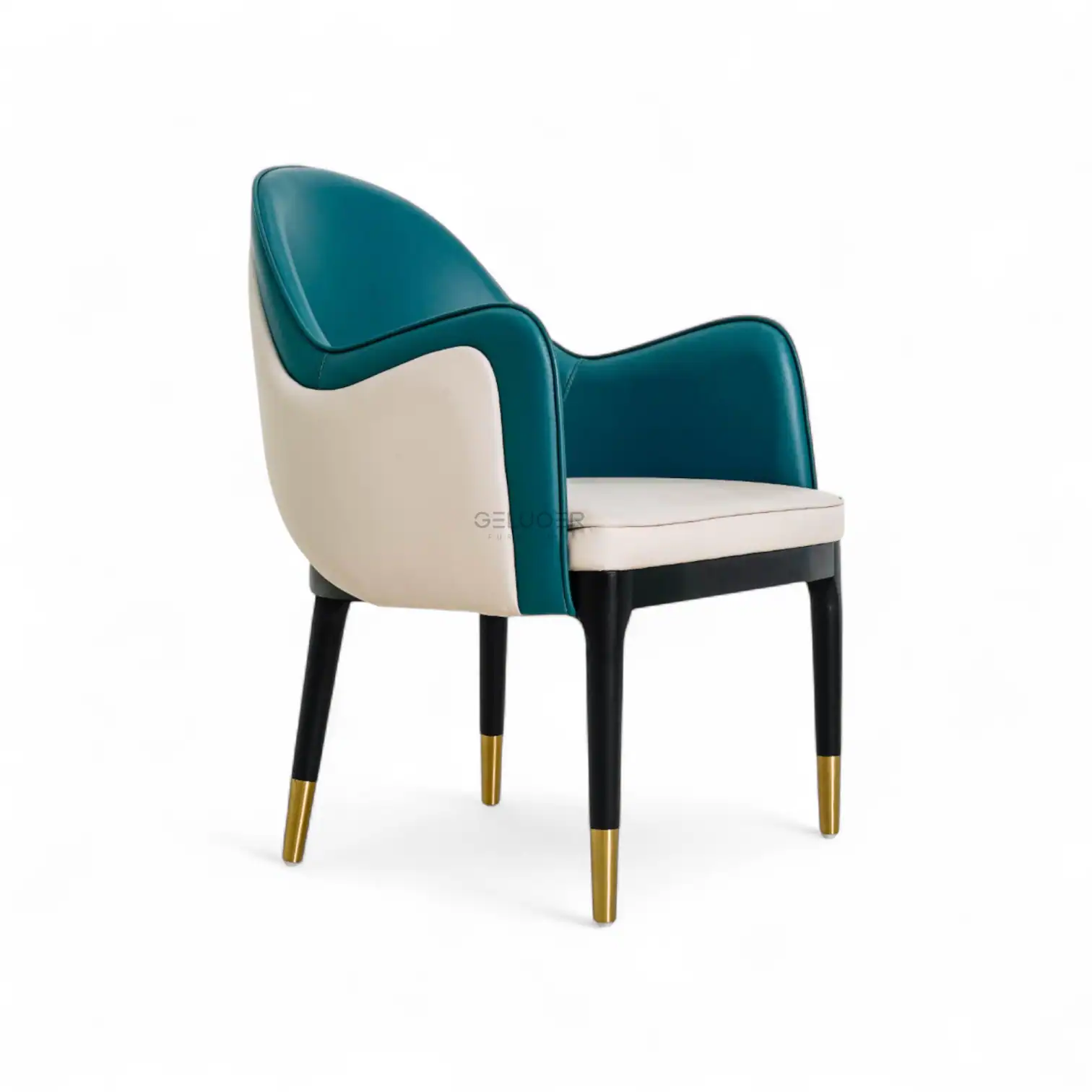 Luxurious modern accent chair with teal and white faux leather upholstery and gold-tipped black wooden legs.