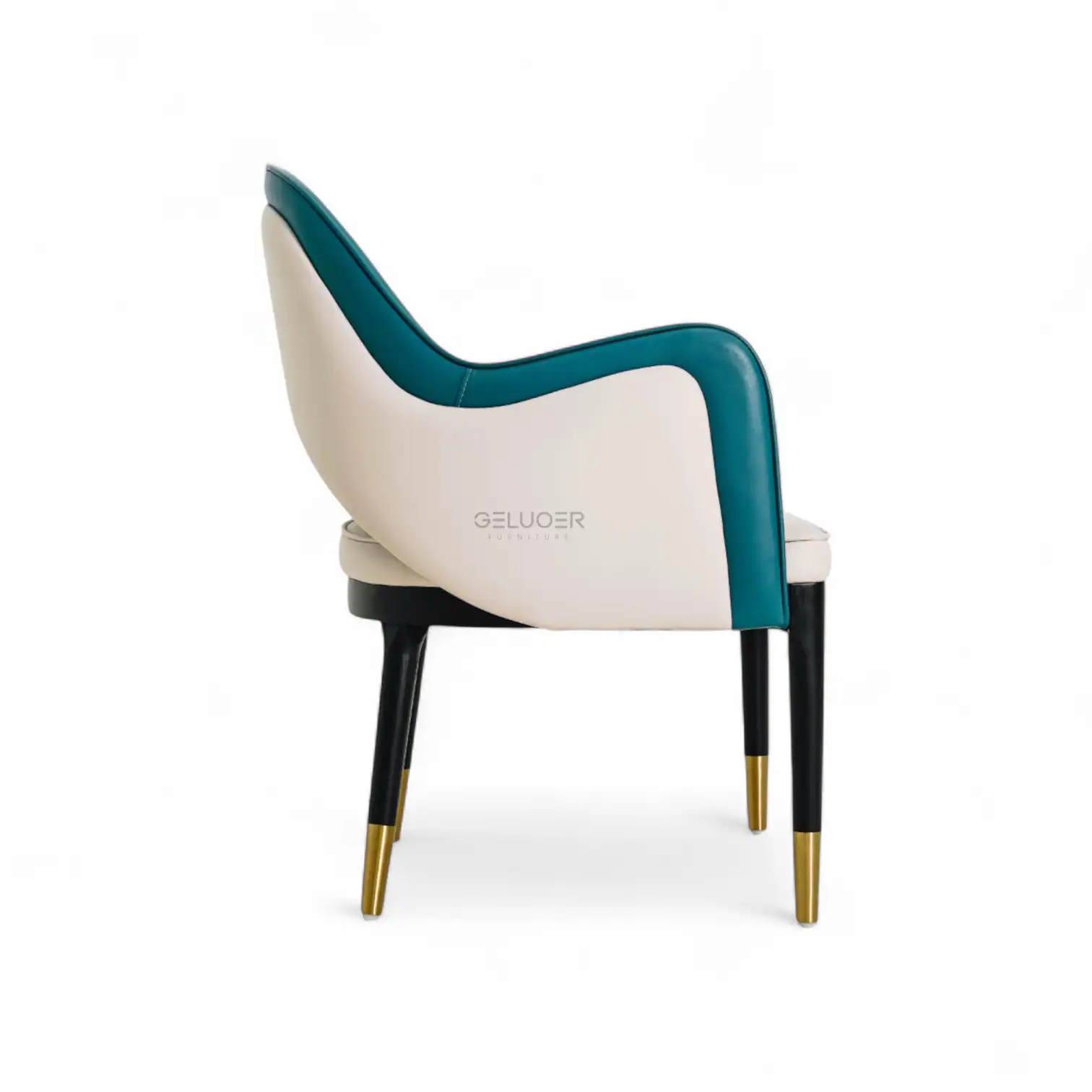Elegant modern accent chair with blue and white upholstery, gold-tipped black legs, perfect for stylish living spaces.