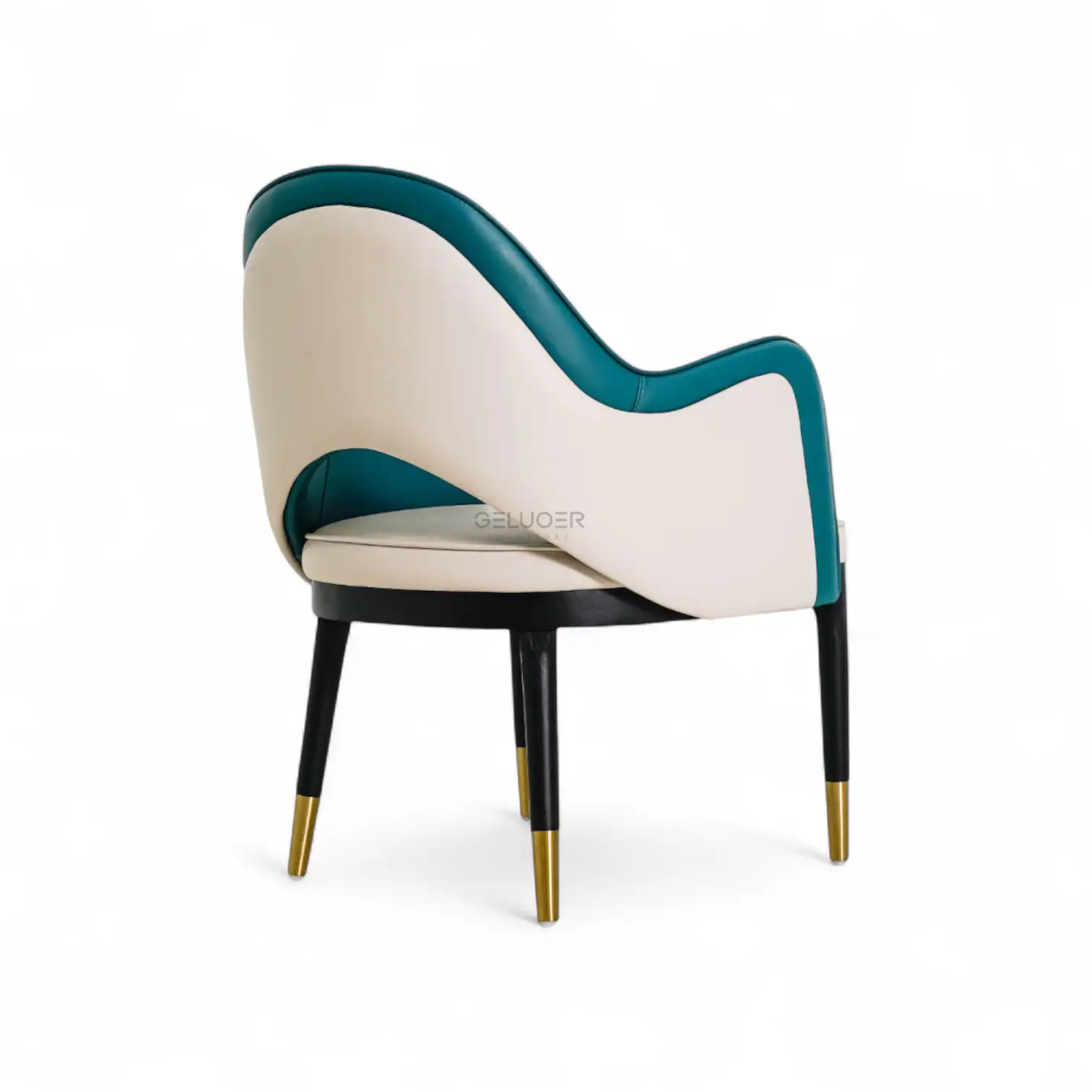 Luxurious modern armchair with teal and white upholstery, sleek design, and stylish gold-accented legs.