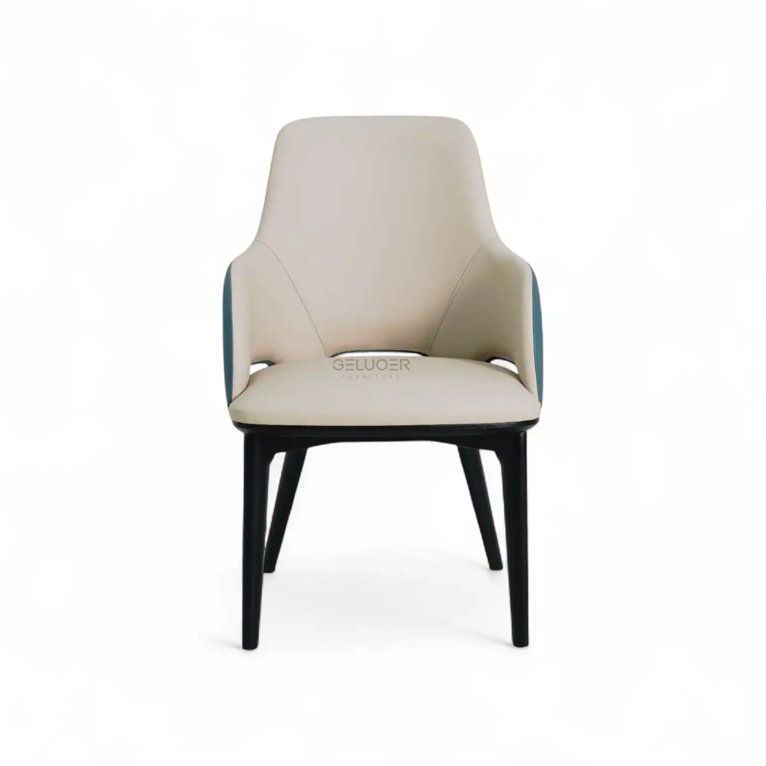 Sleek modern armchair with cream upholstery and black wooden legs.