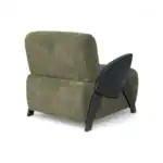Comfortable green fabric armchair with black wooden accents, modern furniture design.
