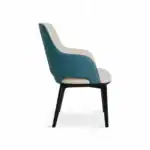 Contemporary upholstered dining chair with modern design, black wooden legs, and two-tone fabric in blue and cream.