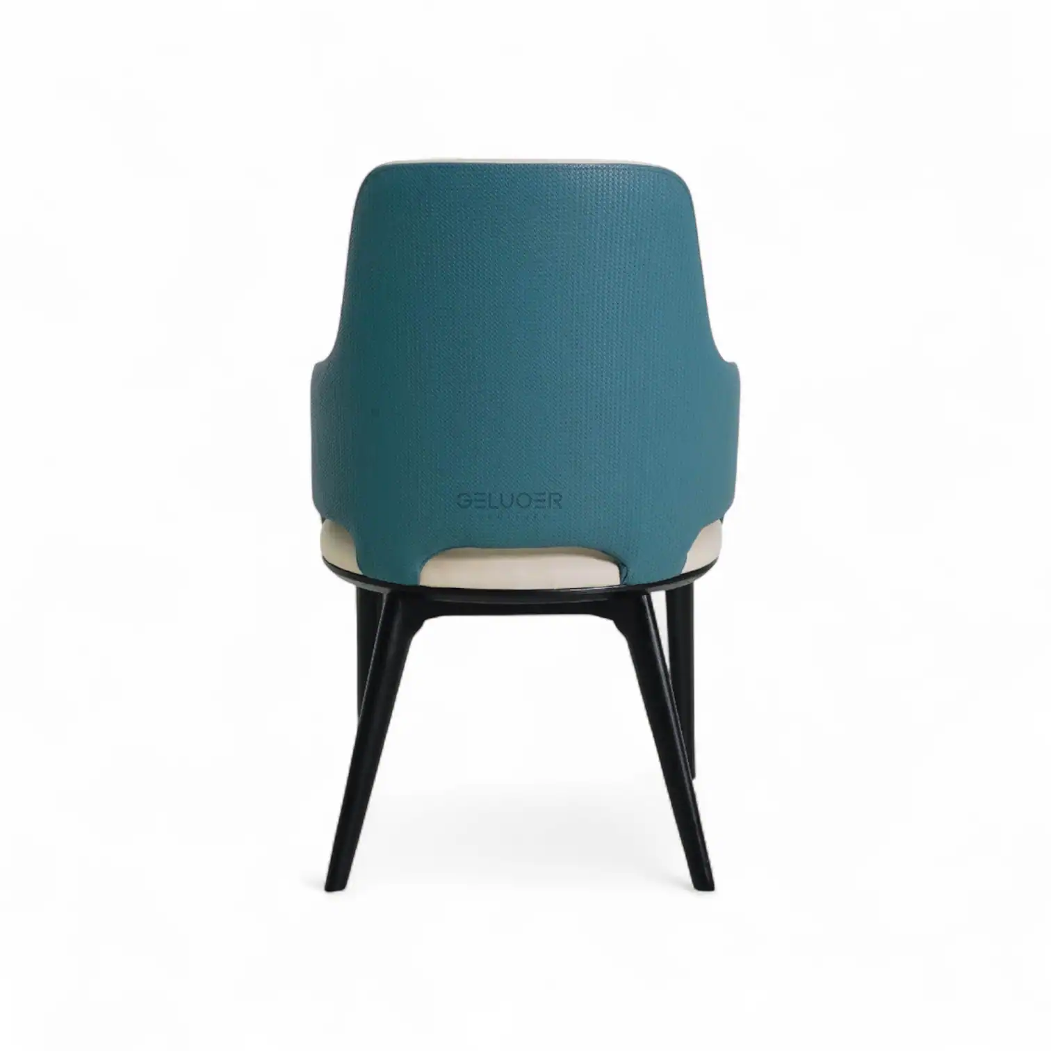 Contemporary blue upholstered dining chair with black wooden legs from Geluoer Furniture.