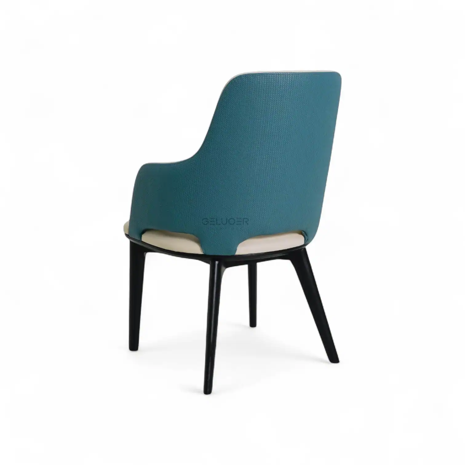Modern teal and beige accent chair with wooden legs, perfect for contemporary home decor.