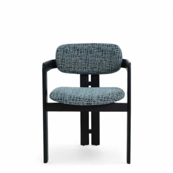 Modern fabric upholstered dining chair with black wooden frame and armrests, stylish home furniture piece.